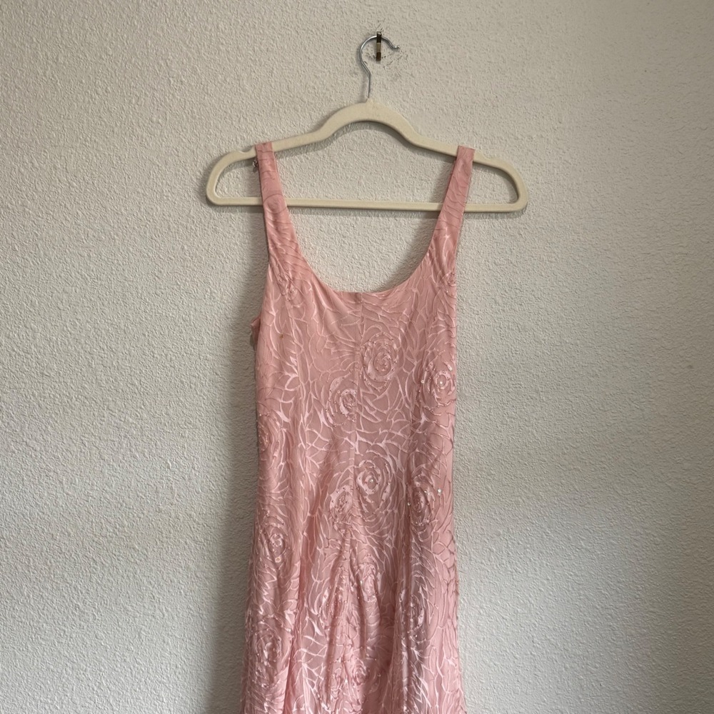 Y2K Alex Evenings Pink Silk Floral‎ Rose Burnout Beaded Handkerchief Fairy Dress - Picture 2 of 10